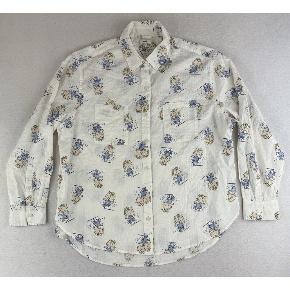 Aerie Peanuts Off Duty Seersucker Shirt Size Small S Long Sleeve Button Blouse